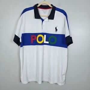 Polo Sport Ralph Lauren XXL Spellout White Blue Color Block Polo Shirt Big Pony